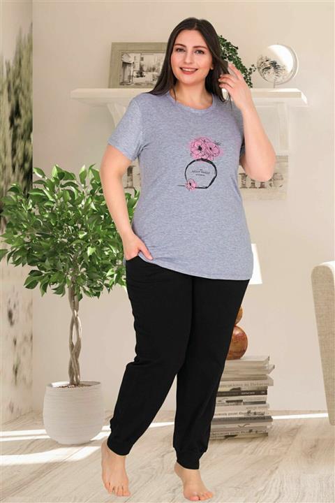 by HW Kadın Siyah Gri Büyük Beden Kısa Kollu Pijama Takımı