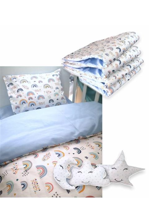 Bebek Özel %100 Pamuklu 80x130 Mobilya Beşik Uyku Seti Gökkuşağı Mavi (10 Parça)