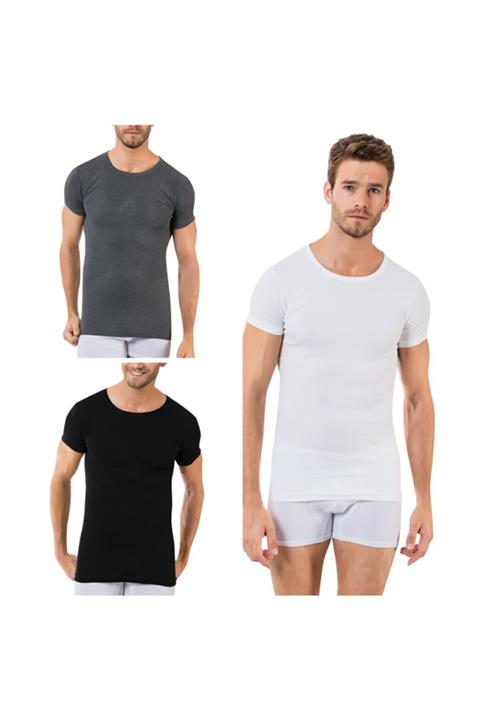 Öztaş Underwear Erkek Ribana O Yaka Beyaz-Siyah-Antrasit Üçlü Set