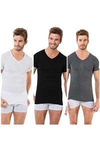 Öztaş Underwear Erkek Ribana V Yaka Beyaz-Siyah-Antrasit Üçlü Set