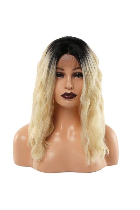 Peruk Evi Fiber Sentetik Dalgalı Kısa Tül Peruk - Kahve Platin Ombreli