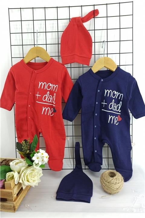 ALİSS Unisex Bebek Kırmızı Lacivert 2 Adet Mom Dad Desenli Tulumu