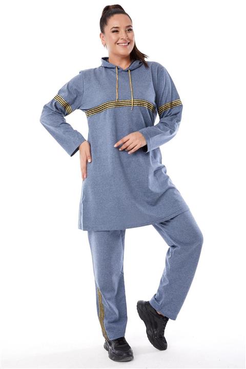 Siyezen Büyük Beden Indigo Kapüşonlu Sim Şeritli Eşofman Takımı