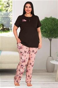 Shop mood Kadın Kahverengi Kısa Kollu Pamuklu Büyük Beden Pijama Takımı