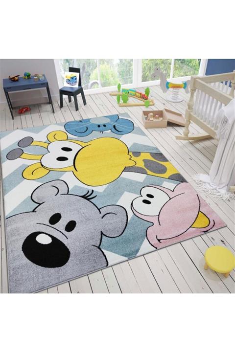 Carpettex Halı Çocuk Bebek Odası Halısı Sevimli Hayvanlar Desenli Halı Sari Mavi Pembe
