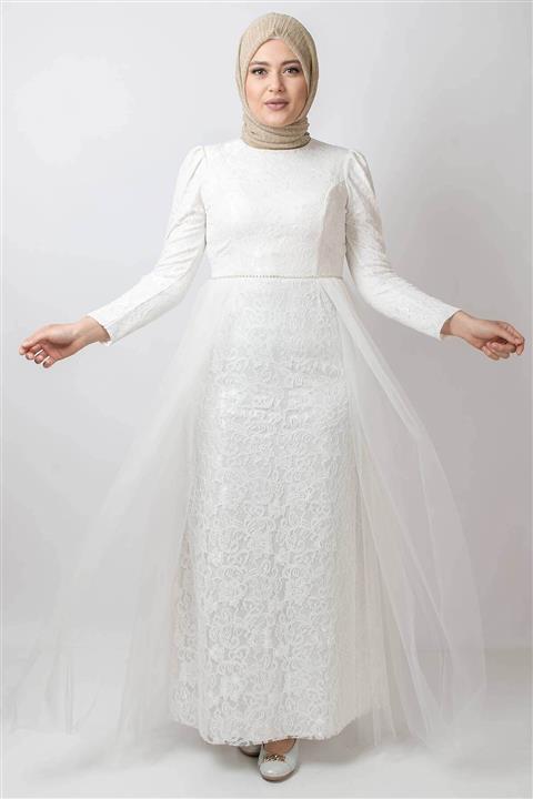 Fahima Kadın EkruTül Detay Dantel Abiye Elbise Fhm778