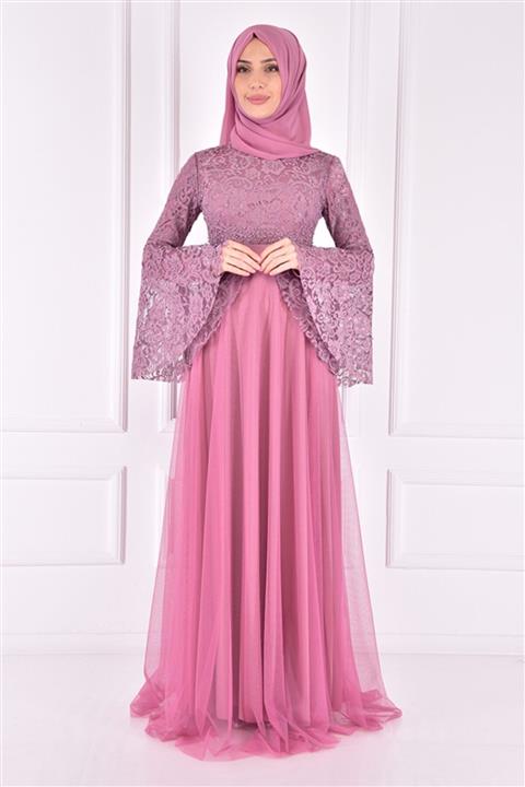 ModaMerve Kadın Gül Kurusu Taş Detaylı Dantel Abiye Elbise 02 Asm2167