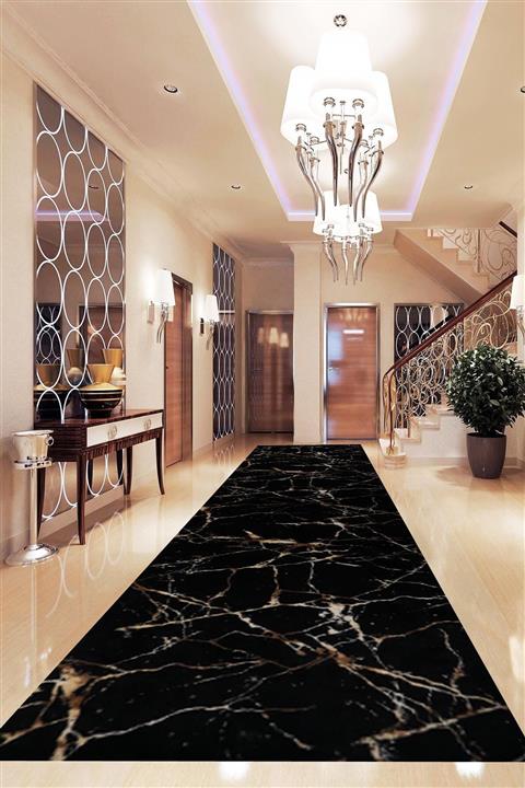 Şiva Home Kaymaz Tabanlı Kesme Rulo Halı Yolluk Siyah Mermer Desen Shj880