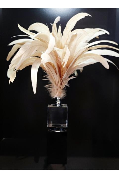 TASARIMHMODA Kristal Kaideli Doğal Tüy Dekoru / Krem