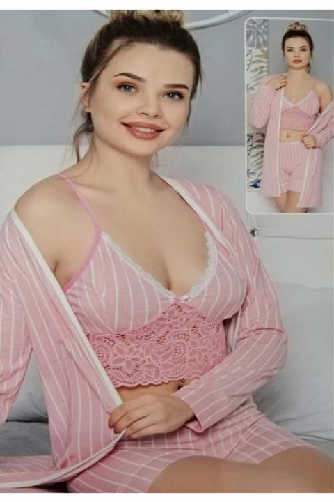 JENİKA Kadın Pembe Renkli Şeritli Sabahlık Büstiyer Şort 3'lü Takım
