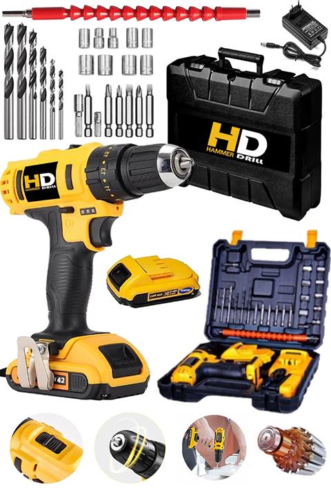 HD Hammer Drill American 42 V 5 Ah Ss-power Metal Şanzuman Bakır Sargılı Çift Akülü Vidalama Matkap 27 Pc Set Hediye