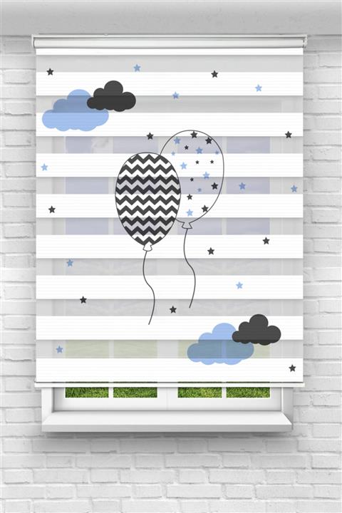 Perdecizade Mavi Benekli Balon Dijital Baskılı Zebra Perde-çocuk Odası Perdesi-zebra Stor Perde