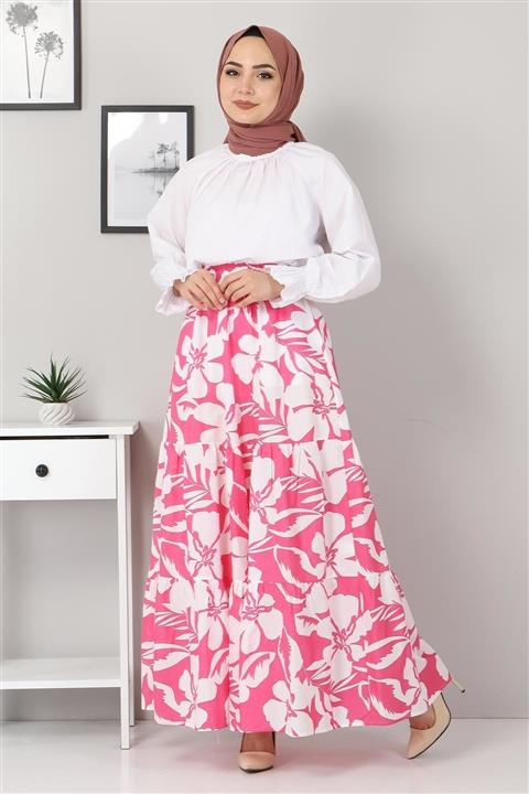 Modamihram Desenli Pileli Etek Pembe