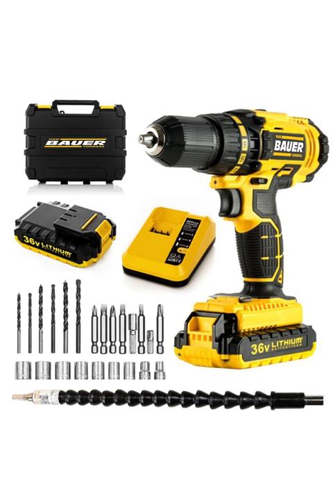 BAUER Alman S-36 V 5 Ah Darbeli Çift Akülü Şarjlı Vidalama Matkap + 27 Parça Set