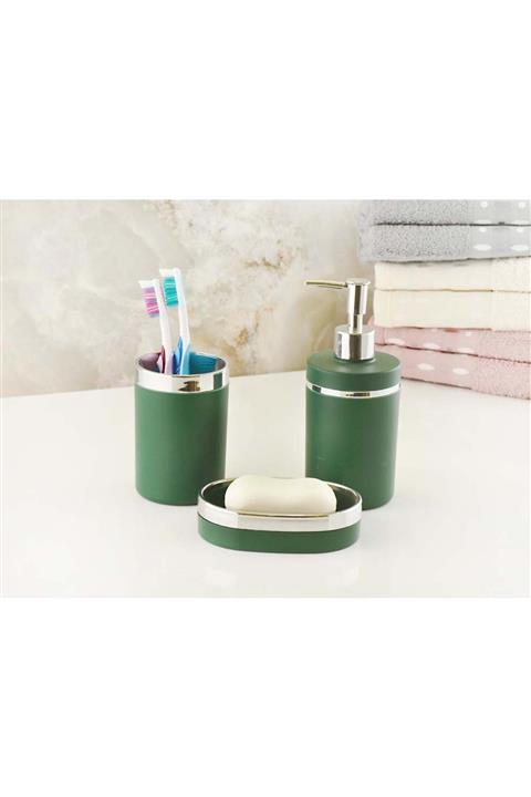 İmera Soft Akrilik Yapım Sıvı Katı Sabunluk Fırçalık 3'lü Banyo Seti Yeşil Gümüş