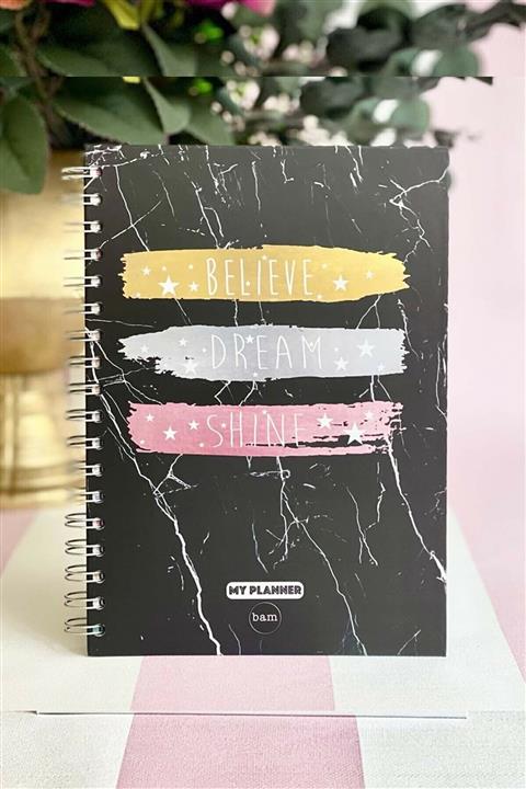 BİDOLUMUTLULUK Believe Dream Shine Tasarımlı Spiralli Sticker'lı Tarihsiz Konuşan Ajanda Haftalık Planlayıcı Defter