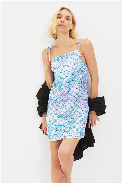 TRENDYOLMİLLA Mavi Petek Desenli Saten Gecelik THMAW22GC0074