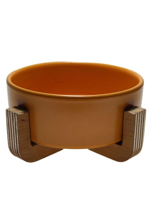 Burak Sarı Renk Iskandinav Ahşap Stand Seramik Kase Kedi Köpek Mama Kabı