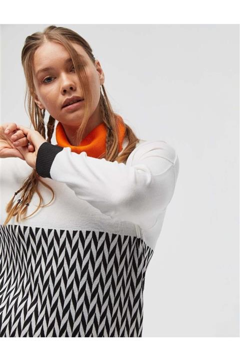 Kayra Balık Sırtı Desenli Balıkçı Yaka Triko Tunik Ekru