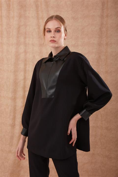 Mizalle Suni Deri Detaylı Siyah Tunik