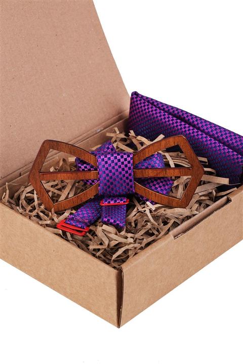 Kravatkolik Pembe - Lacivert Ahşap Papyon Ahp377