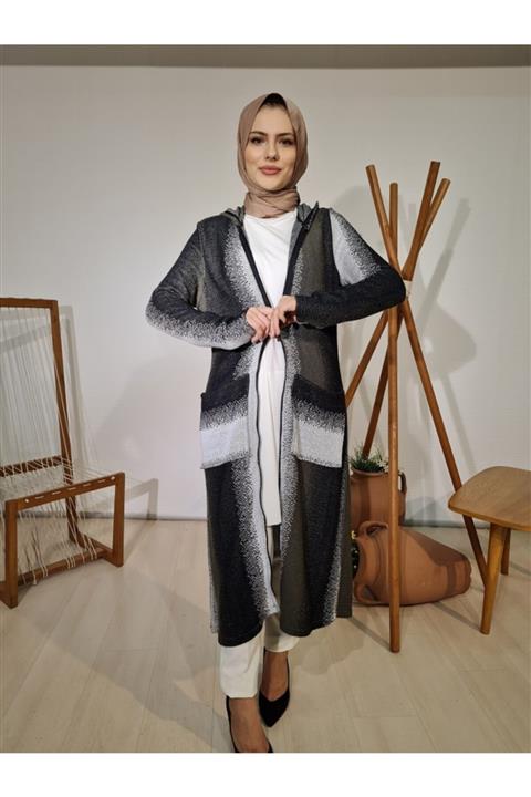 Moodbasic Kapüşonlu Renkli Uzun Triko Hırka