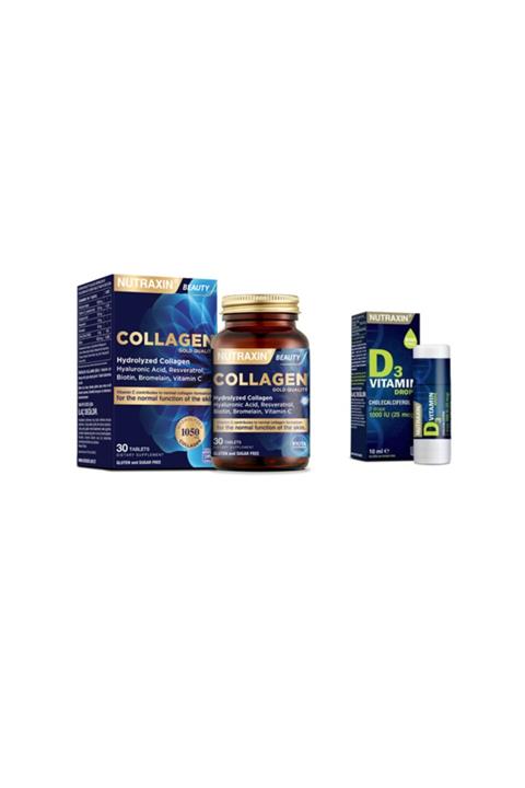 Nutraxin Kolajen Takviyesi 1050 Mg 30 Tablet +d3 Vitamini Drops Damla 1000 Iu 10 Ml