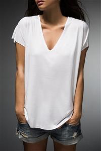 BASIC&CO Vogue Beyaz V Yaka Basic Viskon T-shirt