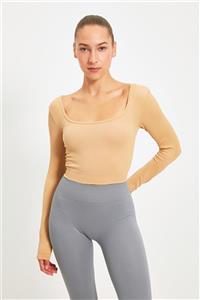 TRENDYOLMİLLA Camel Kare Yaka Seamless Crop Spor Bluz TWOAW22BZ0450