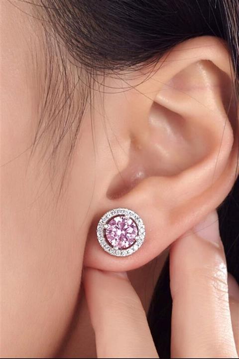 Crystal Diamond Zirconia Kadın Beyaz Işıklı Kutuda 1 Karat Pembe Tektaş Küpe