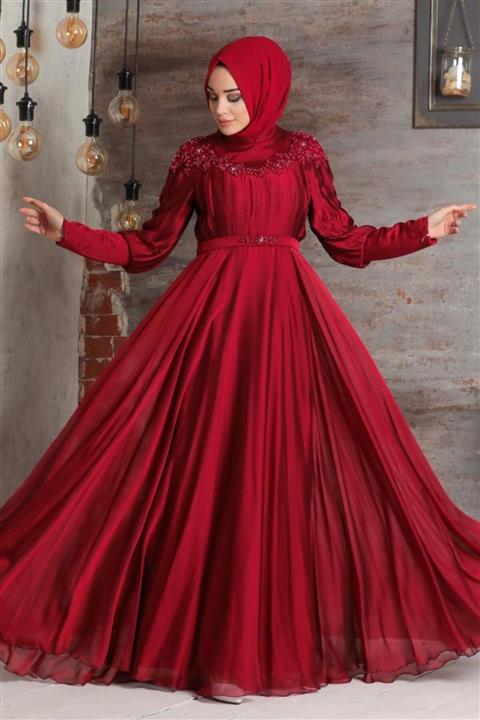 Neva Style Tesettürlü Abiye Elbise - Drape Detaylı Bordo Tesettür Abiye Elbise 21881br