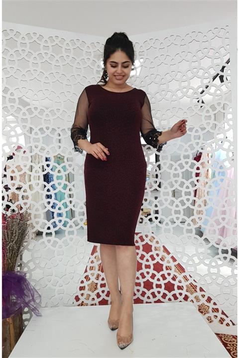 FERGAN Kadın Bordo Simli Büyük Beden Abiye Elbise