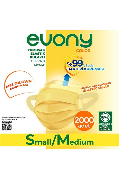 Evony Color Sarı Yumuşak Elastik Kulaklı Maske 2000 Adet