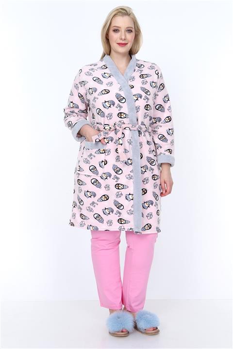 LİKAPA Kadın Pembe Gri Desenli Polar Kısa Sabahlık