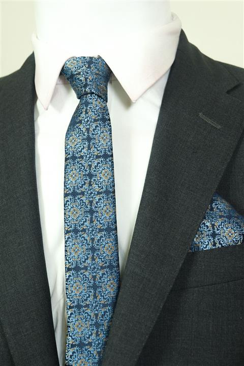 Kravatistan Mavi Desenli 5.5 cm Slim Kravat Mendil Seti Krv-4k012911