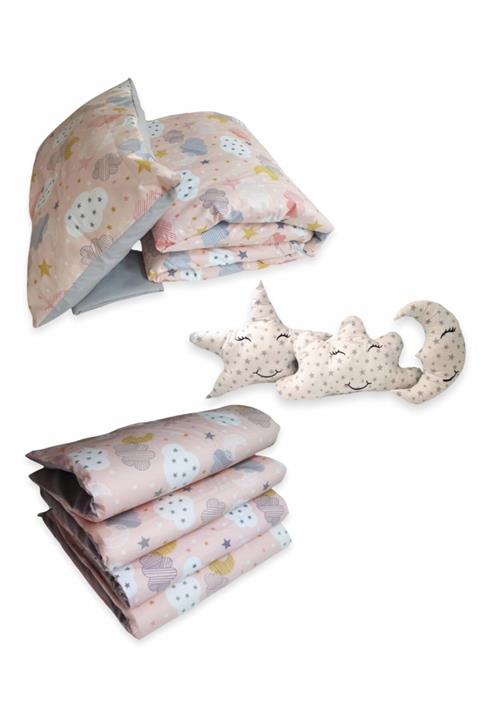Bebek Özel %100 Pamuklu 60x120 Mobilya Beşik Uyku Seti Somon Ay Yıldız Grili (10 Parça)