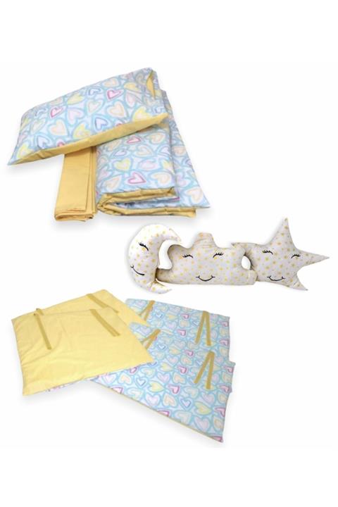 Bebek Özel %100 Pamuklu 70x110 Park Beşik Uyku Seti Gökkuşağı Kalpli Sarılı (10 Parça)