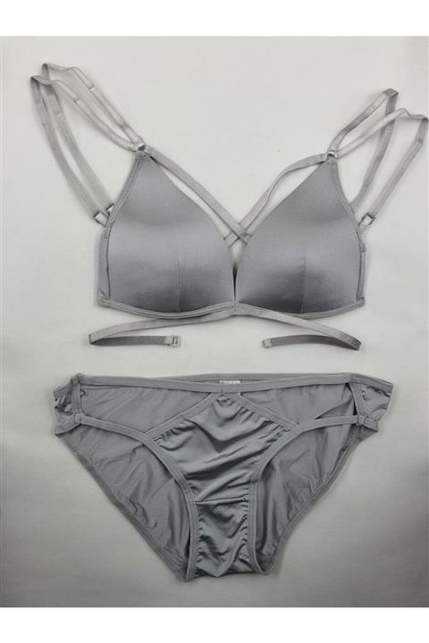 cisebutik Kadın Gri Lastik Detaylı Yarım Destekli Sütyen Takım