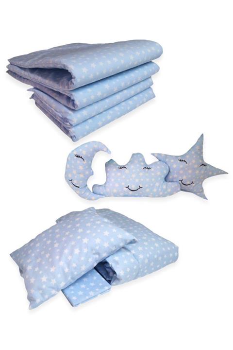 Bebek Özel Pamuklu 70x110 Park Beşik Uyku Seti Mavi Yıldızlı (10 Parça)