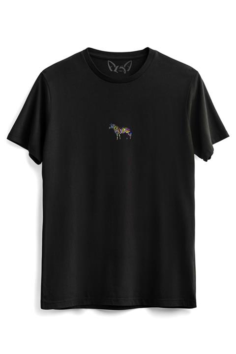Alfa Tshirt Animal Desenli Renkli Zebra Dijital Baskılı Siyah Tshirt