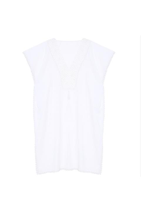 Soma Kadın Atölyesi Somakadın El Işlemeli Beyaz Pareo Dantelli Pamuk Kumaş Püsküllü Stnd. Beden Beyaz Kadın Tığ Oyalı Y