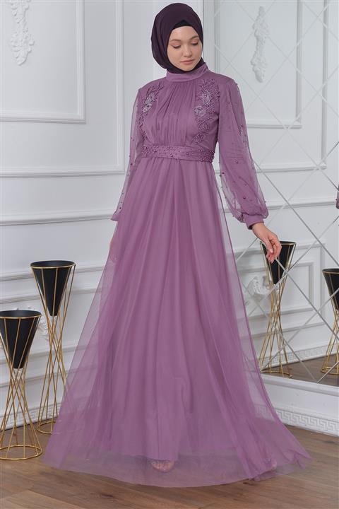 İSTANBULSTYLEMODA Tüllü Lila Tesettür Abiye Elbise