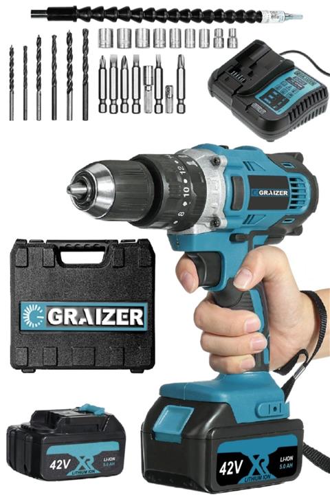 Graizer 42 V 5 Ah 13 Mm Metal Mandren Darbeli Çift Akülü Vidalama Matkap + 27 Parça Pro Set Mavi