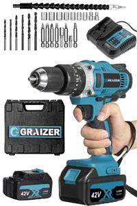Graizer 42 V 5 Ah 13 Mm Metal Mandren Darbeli Çift Akülü Vidalama Matkap + 27 Parça Pro Set Mavi
