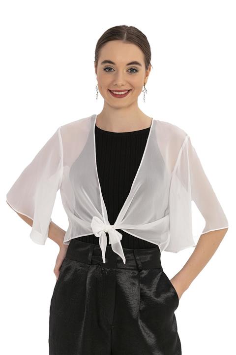 DISENTIS MODEST Yuvarlak Yaka Önden Bağlama Detaylı Volanlı Kısa Kollu Şifon Beyaz Bolero