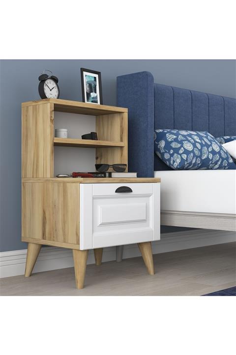 Rani Mobilya Bd105 Modern Ayaklı Raflı Çekmeceli Komodin Keçe Ceviz Beyaz