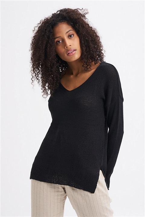 Quzu Kadın Siyah V Yaka Triko