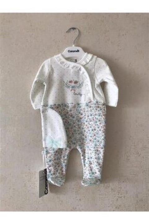 Caramell Kız Bebek Beyaz Çiçek Desenli Patikli Tulum