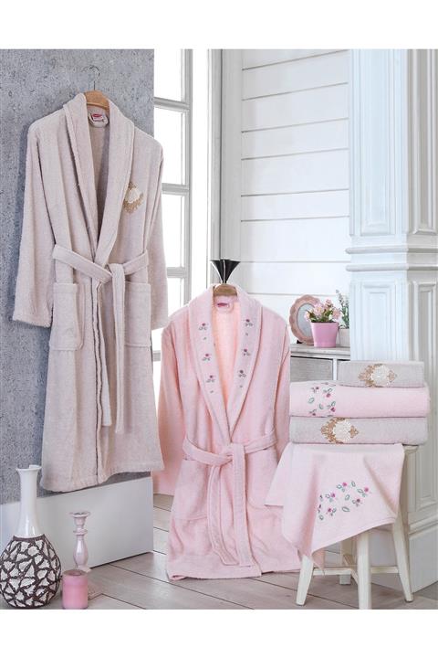 Hobby Unisex Pembe Gonca Pamuklu Bornoz Seti