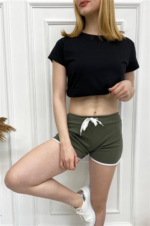 Eka 0423-0426 Yanı Şeritli Beli Bağcıklı Kısa Penye Haki Şort